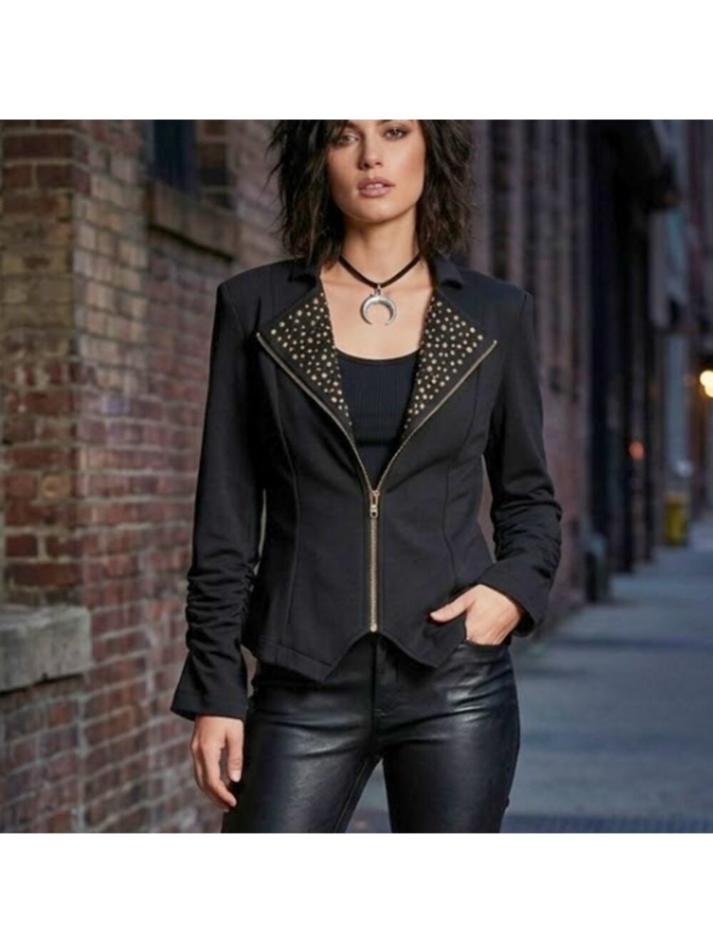 I.N.C. Black Cropped Zip Fleece Lined Studded Jacket M